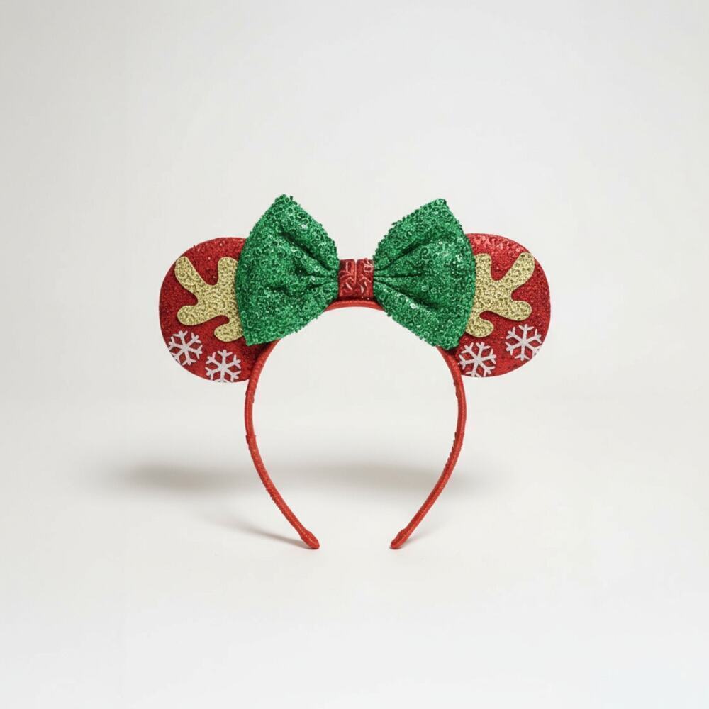 Unique Vintage Christmas Sequins Minnie Mouse Ears Reindeer Headband New!